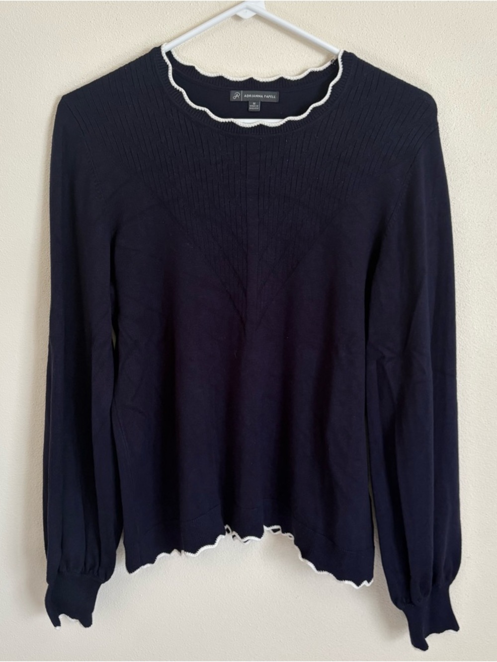 Adrianna Papell Navy Sweater with White Scallop Trim Size M